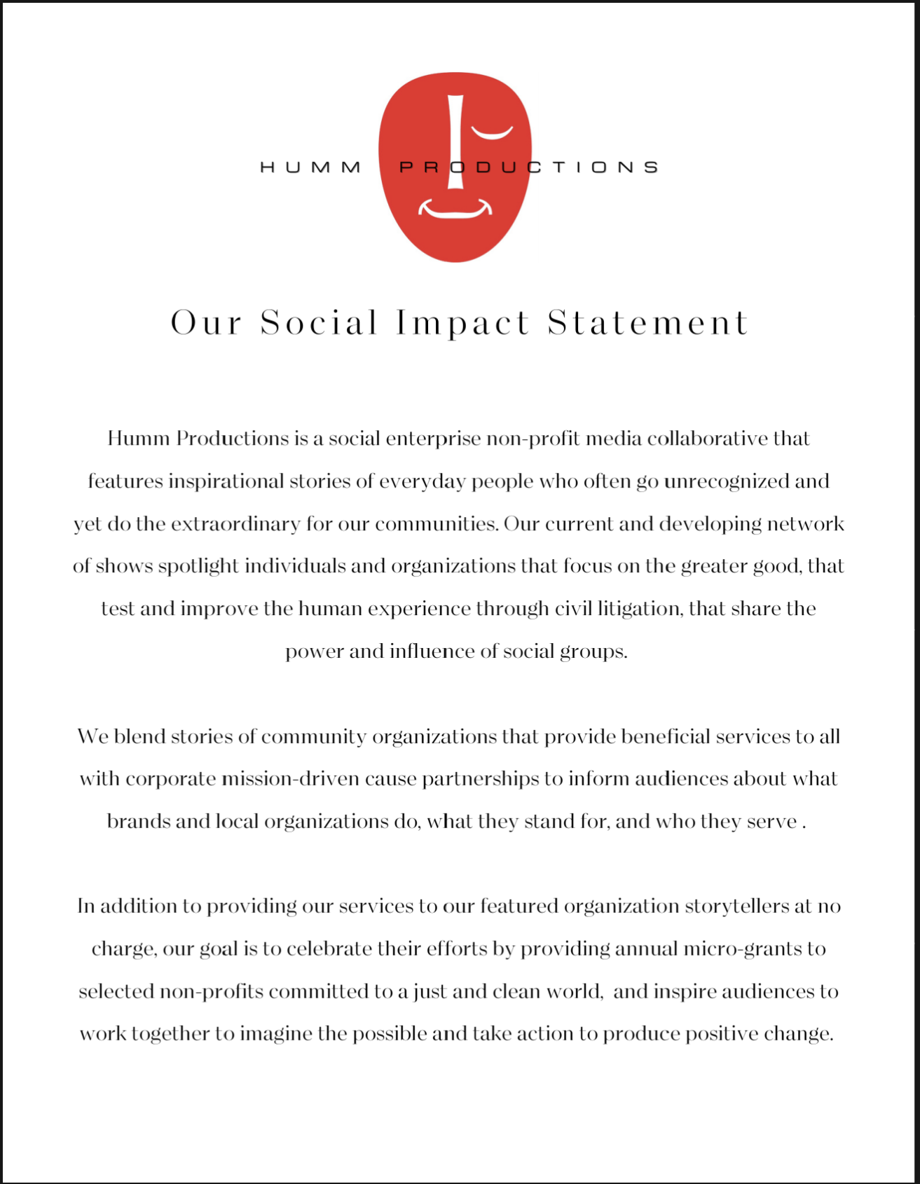 Humm Productions Impact Statement